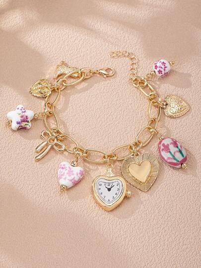 1 件手工郁金香花卉瓷质手链，仿手表，波西米亚风格珠宝，配心形、牛仔靴、心形小盒饰物，颜色和图案各异