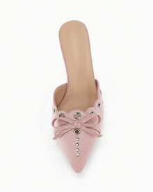 Women's Bow Tie Mule Heels Pointed Toe Studded Backless Stiletto Slip On Dress Pumps - 粉色 - 查看 7