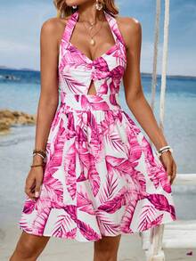Women's Summer Tropical Print Dress, Versatile Mini Romantic Sleeveless Vacation Dress - Hot Pink - View 3