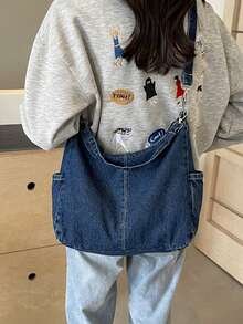 Multi -Pocket Canvas Large -Capacity College Style School Bag Shoulder Bag - Dark Wash - View 4