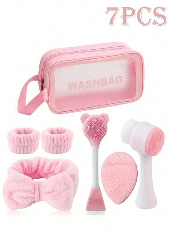 7pcs Facial Cleansing Set, Bedtime Skincare Routine Kit, Deep Cleansing Beauty Spa Mask Brush Set, Soft Headband, Exfoliating Brush, Silicone Detail Face Brush, Portable Skincare Tool With Wash Bag, Ideal Christmas Gift For Women