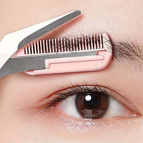 Tijeras color rosa para recortar cejas con peine incorporado - Acero inoxidable, herramienta de arreglo precisa, para crear cejas perfectas