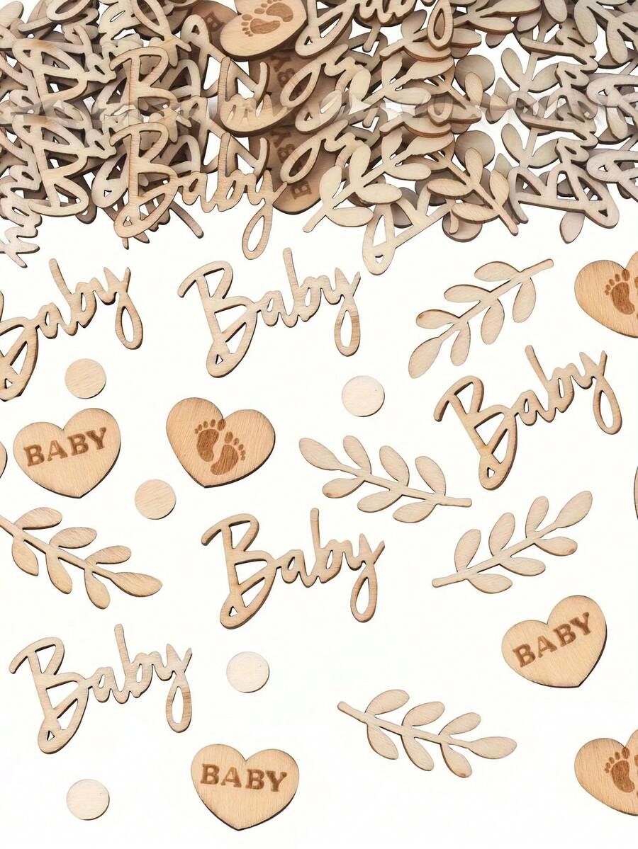 Baby Shower Wooden Confetti Decorative Round Leaf, Baby Confetti DIY Gifts, Gender Reveal Theme Decorations With "Happy Birthday" And Heart Cutouts, Footprint Designs For Birthdays, Showers And DIY Crafts, Perfect For Shower And Party Decorations, Celebration Accessories - Khaki - View 1