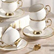 1套欧式奢华金边陶瓷咖啡杯套装带勺，美式咖啡杯碟，奶茶杯，金边陶瓷咖啡杯碟，优雅土耳其咖啡杯碟套装，适用于茶会，下午茶，早茶，聚会等 - 彩色 - 查看 6