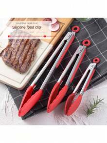 不粘牛排煎锅夹、硅胶和不锈钢烧烤钳、耐热食物夹 - 彩色 - 查看 3
