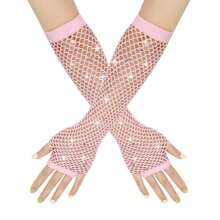 1 Paar sexy lange Strass-Handschuhe, elastische Fischnetz Halbfinger Cut Out ausgearbeitete Handschuhe für Auftritte