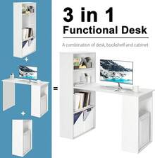 122cm Computer Desk, Wooden PC Laptop Table Writing Workstation With 6-Tier Storage Bookshelves, Modern Home Office Working Study Desk (Natural) - White - View 4