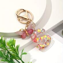 Cute 1 Neutral A-Z Colored Heart-Shaped Glitter KC Gold Keychain, DIY Resin Capital Letter Wallet Keychain, Handbag Decoration, Christmas Gift Valentines - 玫紅色蝴蝶 - 查看 4