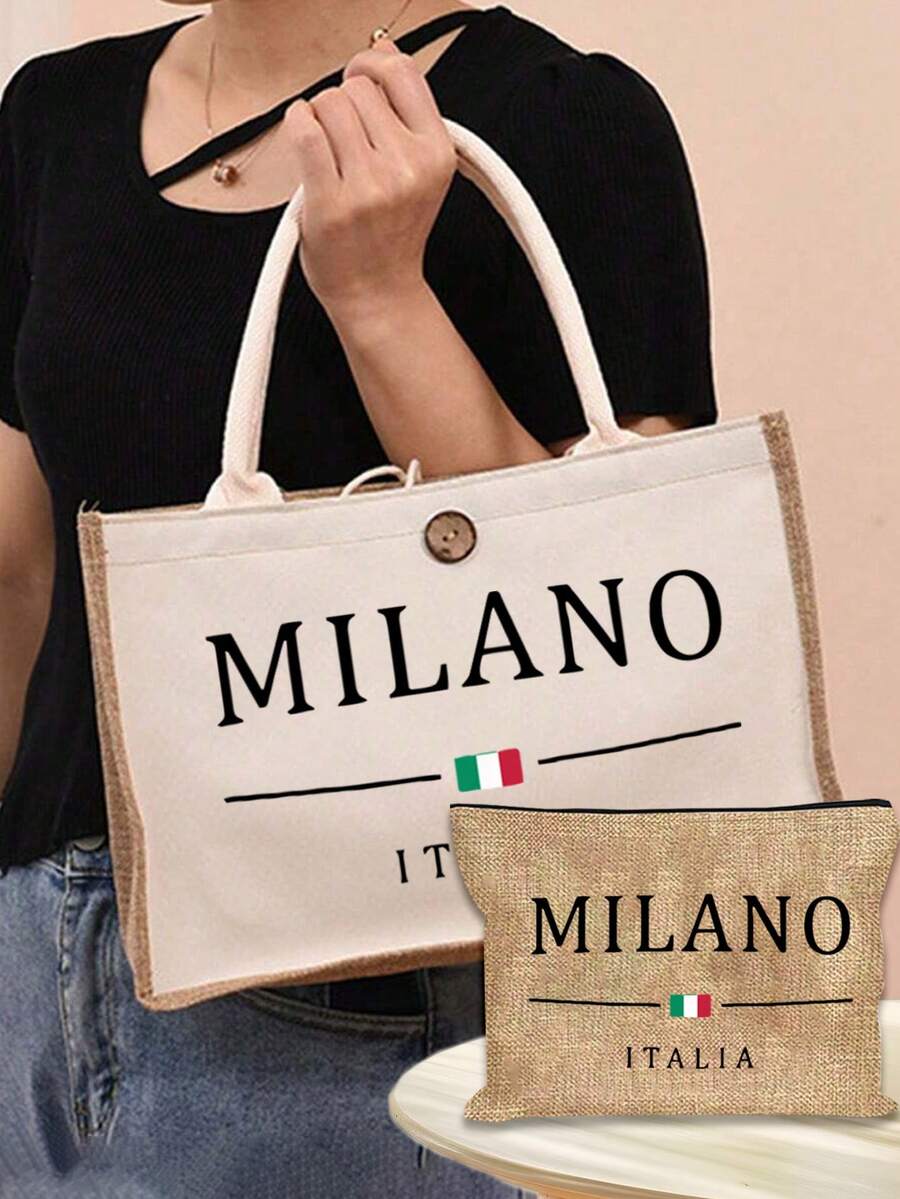 Printed With The Letters' Milano Italia ' Handbag With Makeup Bag, Women's Portable Zipper Wallet, Fashionable Travel Toilet Bag, Lunch Box Bag, Book Bag, Versatile Portable Tote Bag For Teacher, Teacher Appreciation Linen Bag - Multicolor - View 1