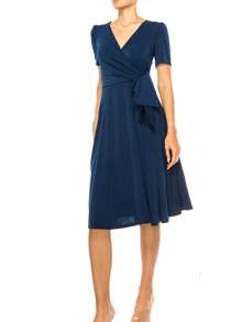 Chic Solid Faux Wrap Dress With Deep V-Neck For Elegant & Casual Wear  Plain  Elegant  Casual  Knitted Fabric  Wrap  Knot  Bow - 藏蓝色 - 查看 2