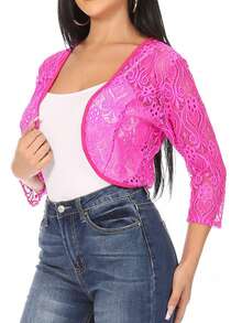 Casual Lace Bolero Crochet Cardigan With 3/4 Sleeves    Casual  Fabric  Sheer  Split      Daily - 玫紅色 - 查看 2