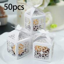 50 piezas Cajas de caramelos elegantes con corte láser con diseño de mariposa - Cajas de regalo de papel marrón para bodas, aniversarios, cumpleaños - Patrones geométricos intrincados, perfectas para obsequios de fiesta y decoración, regalos de verano, regreso a la escuela, útiles escolares, decoración de habitaciones
