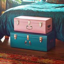 Fashionable Storage Trunks Set Of 2 Pink Teal Steel Chests With Gold Accents Stackable Bedroom Organiser With Secure Lids Durable MultiPurpose Blanket Toy Box Essential For  Spaces - Teal/Pink - View 8
