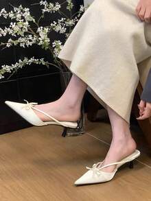 女款尖頭蝴蝶結一腳蹬穆勒鞋 低鞋口設計 高跟鞋 小貓跟 - 杏色 - 查看 6