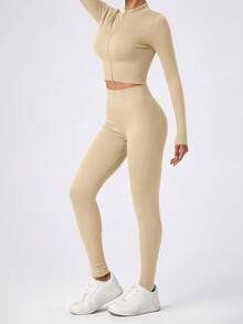 NcmRyu 1pc  Solid Color Women S High Waist Yoga Pants Medium Stretch Long Length Elastic Waist Skinny Fit Knit Fabric With Elastic Waist For All Seasons Sports Leggings  Comfortable Activewear For Fitness Gym Running And Outdoor Activities - 米色 - 查看 4