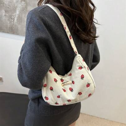 Bolso de hombro de pana de unicolor con estampado de fresa, bolso de tote en forma de media luna casual, bolso de trabajo versátil para mujeres (con cremallera, forro, color aleatorio)