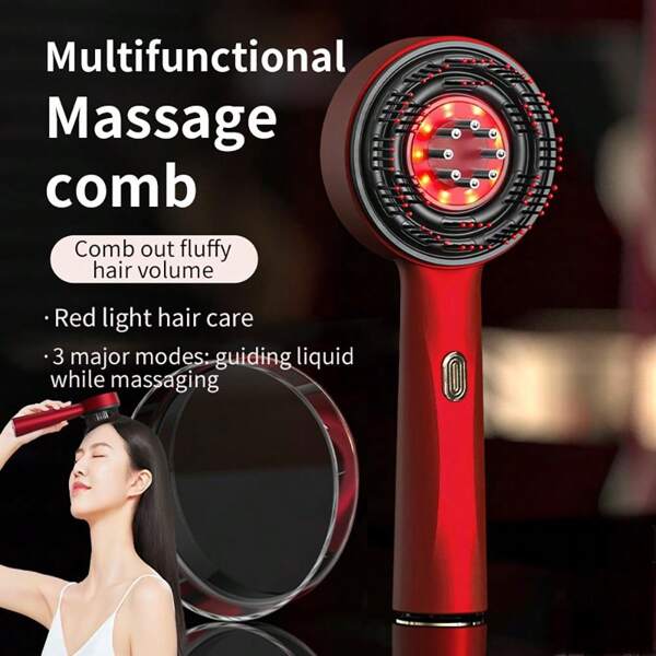 1 Pc Electric Head Massager Comb, Red Light Hair Care Massager, 3 Knead Modes, Can Apply Liquid, Relieve Nerves, Aid Sleep. 6ML Large Capacity Liquid Slot, 72 Round Teeth & 8 Roller Beads Design, Type-C Charging Cable, Storage Bag (1400mAh)