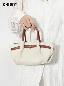 CHISIY Handmade Fashion White With Brown Minimalist Style Tote Bag, Suitable For Business, Casual, Shopping And School, Strap Decor, Metal Accessories, Shoulder Strap, Crossbody, Perfect For Daily, Party And Travel, Lightweight, Vintage Charm, Elegant Personalized, Versatile For Any Occasion, Showcasing Unique Fashion Taste
