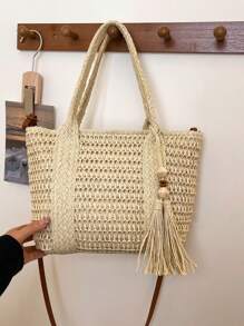 Geantă de umăr tip paie, casual, la modă, de culoare solidă, cu capacitate mare, pentru femei, cu pandantiv decorativ tip ciucure, tip crossbody, pentru vacanță și plajă