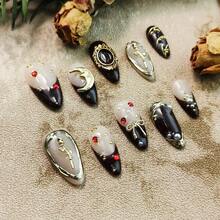 10pcs Almond Press On Nails Handmade, Luxury Goth Junk Punk Style Full Cover Acrylic Nails, Black Nude Burgundy Gradient Color, Moon Cross Rose Bow Pearl Design, 3D Nails With Gold Frame & Detail, Almond Shaped Artificial Nails, Reusable Press On Nail Set, Perfect For Valentine's Day, St Patrick's Day, Party, Festival & Daily Wear - 黑色 - 查看 2