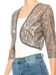 Casual Lace Bolero Crochet Cardigan With 3/4 Sleeves    Casual  Fabric  Sheer  Split      Daily - 灰色 - 查看 2