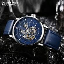 Oubaoer Herren Lässig Minimalistisch Leder Automatisch Mechanisch Cut Out Luxus Geschäft Wasserdicht Mode Uhr, hochwertige Herren Armbanduhr, Herren Geschenk