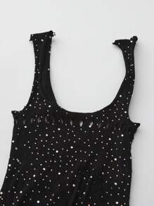 1 pezzo Body sexy in rete nera con decorazione di strass, con effetto scollato e traforato, realizzato in maglia elasticizzata e accattivante per uomo