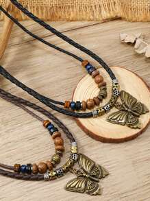 1pc Retro Personalized Men's Necklace, Handmade Metal Butterfly Pendant Beaded Sweater Chain, Suitable For Daily Wear