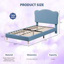 Huisuilinss Twin Size Bed Frame,Upholstered Bed Frame,Full Bed Frame,Platform Bed Frame With Velvet Scallop Headboard,No Box Spring Needed,Wooden Slats,Noise Free For Girls Boys - 雙床房 淺藍色 - 查看 3