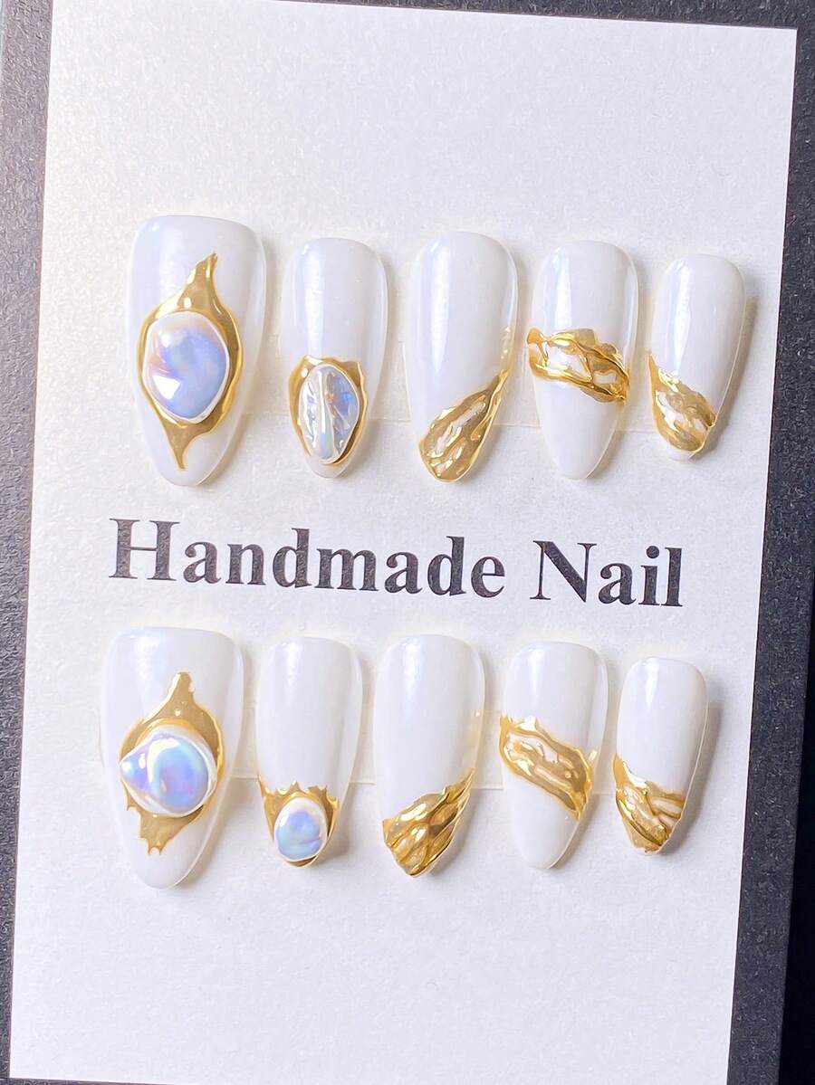 10 Stück handgefertigte mandelförmige Nägel, Rot & Pink Farbverlauf Glitzer Polka Punkte, süße Erdbeere French Tips, geeignet für Mädchen-Dates, Partys und andere Anlässe, minimalistischer luxuriöser Mode-Abnehmbarer Kunstnägel-Satz