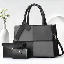 3pcs/Set New Design Color-Block Patchwork Tote Bag Set, Fashionable High-Capacity Commuter Handbag & Shoulder Bag - Black - View 1