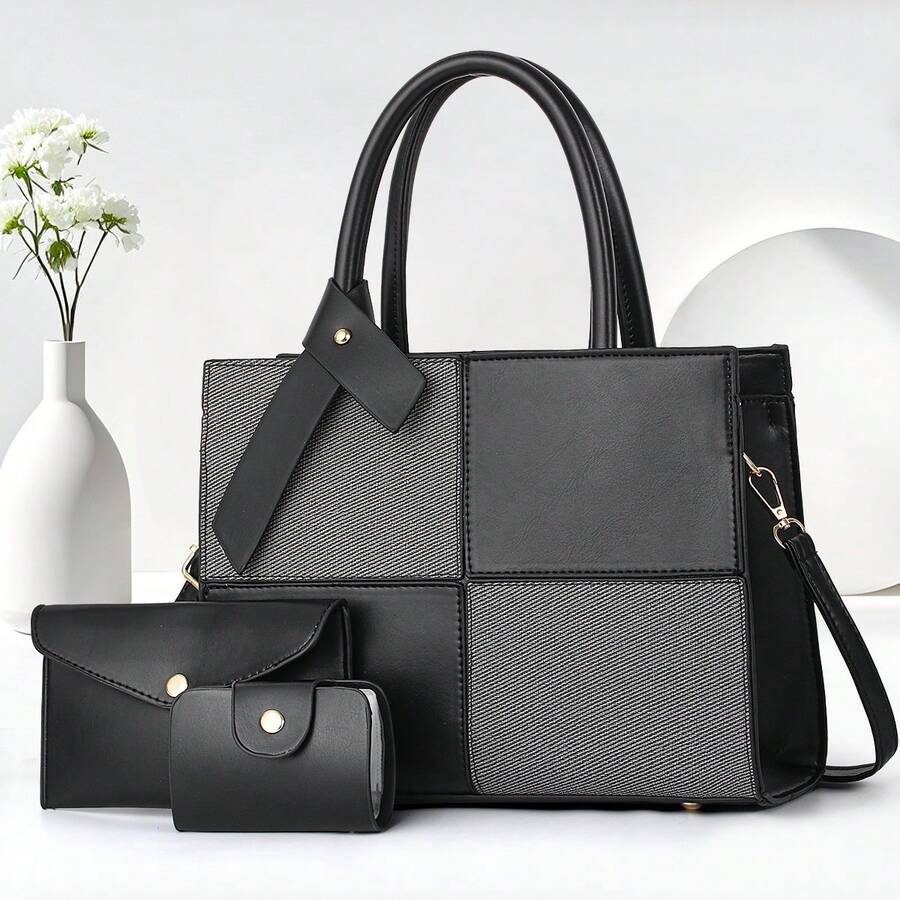 3pcs/Set New Design Color-Block Patchwork Tote Bag Set, Fashionable High-Capacity Commuter Handbag & Shoulder Bag - Black - View 1