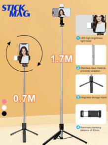 Palo de selfie inalámbrico Bluetooth de STICKMAG de 1.7M/0.7M, con luz LED de relleno, control remoto inalámbrico, soporte para teléfono móvil giratorio 360°, compatible con iPhone 16, 15, 14, 13, 12, 11e/Max/Pro/Xs/Xr/X/Plus, compatible con Samsung Galaxy S25/S24/S23/S22 Ultra y otros teléfonos Android, GoPro, adecuado para viajes y transmisión en vivo, disparos de verano, viajes, actividades al aire libre, trípode para transmisión en vivo