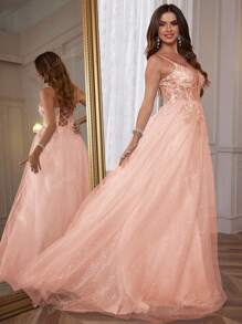 Sparkly 3D Flower Lace Prom Dresses With Hand Beading A Line Floor Length Spaghetti Straps V Neck Ball Gown Illusion Top Deep V Neck Formal Dresses Applique Glittery Evening Gown For Party Lace Up Back Homecoming Dresses For Teens