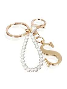 Premium Elegant Gold Pearl Letter Keychain, A-Z Alphabet 3D Pendant, Chic Pearl Chain With Rhinestones (Can Be Disassembled Based On Personal Preference), Fashionable Alloy Keychain, Earphone Pendant, Backpack Charm, Car Keychain - Gold - View 26