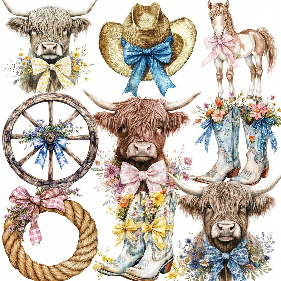 1 包复古乡村西部牛仔蝴蝶结牦牛靴帽装饰贴纸，适用于剪贴簿、日记、相册、工艺品、学校用品