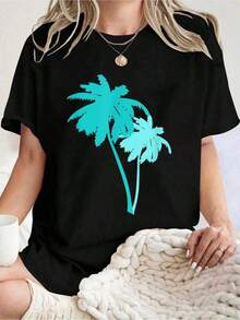 Summer Tops, Women's Turquoise Aqua Blue Palm Trees Printing Pattern, Casual Round Neck Short-Sleeved T-Shirt, Spring And Summer Short-Sleeved T-Shirt,Graphic Tees Women,Summer Tops,Shirts,Summer Outfits For Women,Summer Clothes,Graphic Tees Women,Tops Women - 黑色 - 查看 1