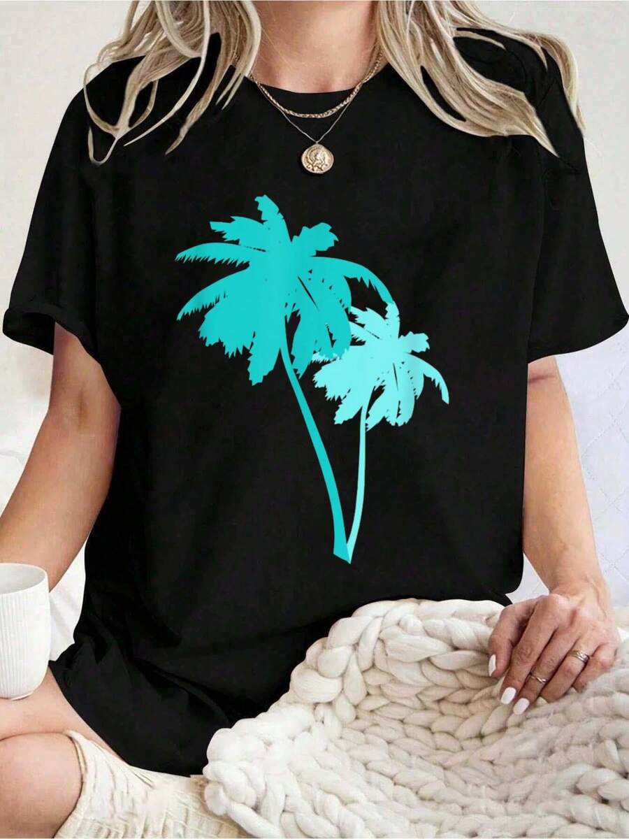 Summer Tops, Women's Turquoise Aqua Blue Palm Trees Printing Pattern, Casual Round Neck Short-Sleeved T-Shirt, Spring And Summer Short-Sleeved T-Shirt,Graphic Tees Women,Summer Tops,Shirts,Summer Outfits For Women,Summer Clothes,Graphic Tees Women,Tops Women - 黑色 - 查看 1