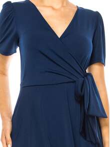 Chic Solid Faux Wrap Dress With Deep V-Neck For Elegant & Casual Wear  Plain  Elegant  Casual  Knitted Fabric  Wrap  Knot  Bow - 藏蓝色 - 查看 5