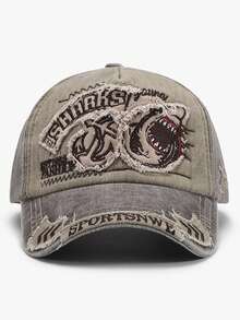 1pc Men's New Washed Shark Embroidery Outdoor Sports Sun Protection Baseball Cap, Street Style Large Head Circumference - Multicolor - View 8