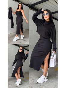 Conjunto de 2 piezas top amplio manga larga y falda midi con abertura - Negro - Ver 1