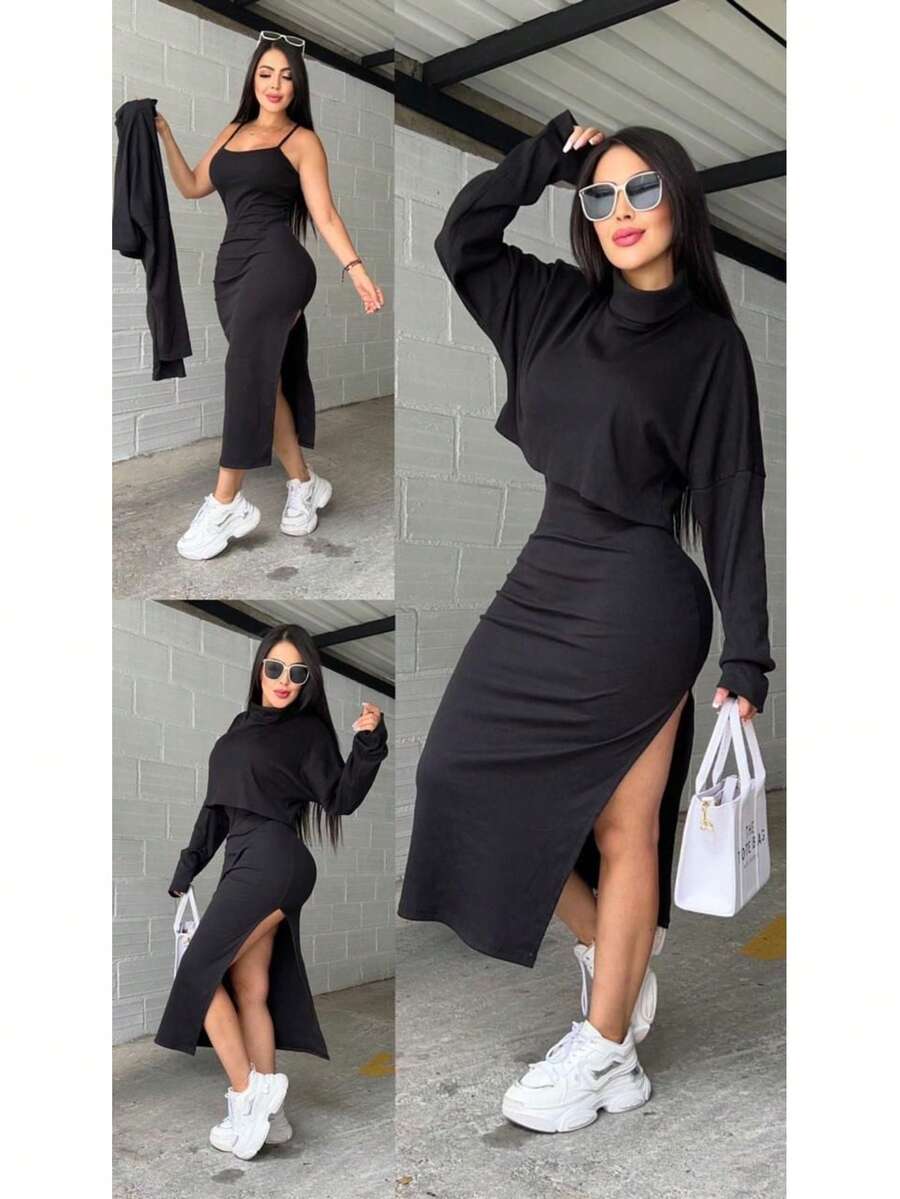 Conjunto de 2 piezas top amplio manga larga y falda midi con abertura - Negro - Ver 1