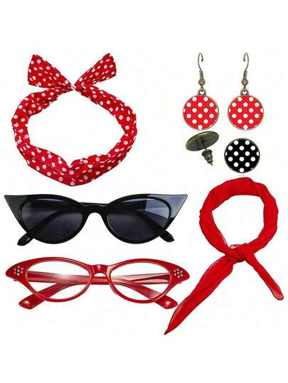 1950年代复古派对配饰套装，适合女性，包括红色波点发带、雪纺围巾、6只波点耳环、猫眼眼镜、串珠项链和手链，适合节日派对。