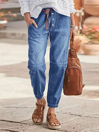 女式前扣多口袋锥形裤腿休闲牛仔裤