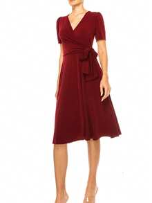 Chic Solid Faux Wrap Dress With Deep V-Neck For Elegant & Casual Wear  Plain  Elegant  Casual  Knitted Fabric  Wrap  Knot  Bow - 酒紅色 - 查看 2