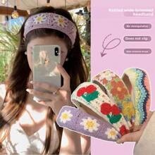 1pc Daisy & Cherry Knitted Wide-Brimmed Hair Hoop, Headband For Top Of Head Hair Styling, Adult Hair Accessory