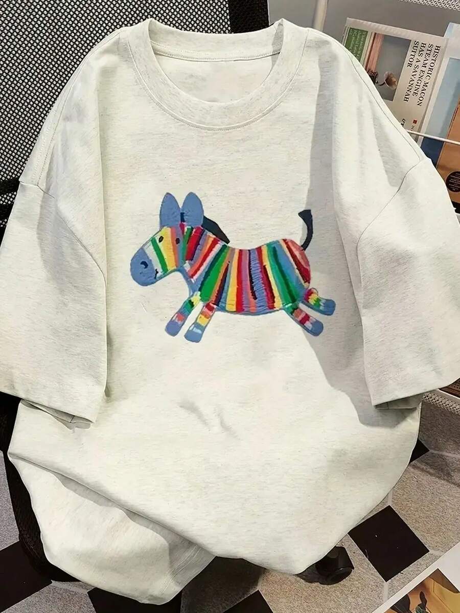 Japanese Style Women's Loose Fit Round Neck Casual Versatile Printed Short Sleeve T-Shirt, Spring/Summer