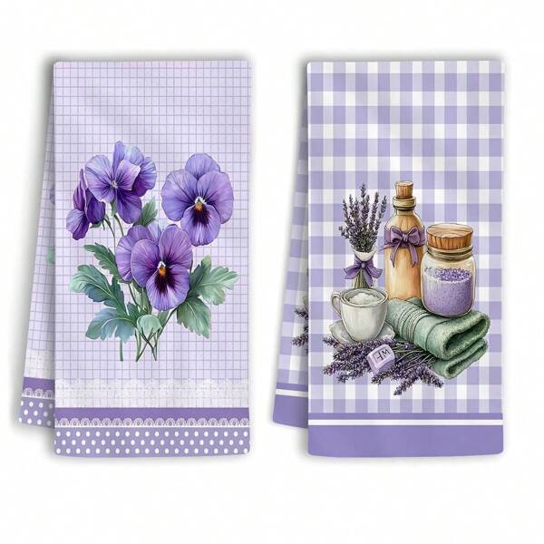 2 peças Toalhas de Cozinha Floral de Lavanda Primavera, Panos de Prato - Ideal para Decoração de Verão, Adequado para Cozinha e Banheiro de Fazenda