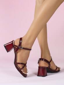 春夏女士酒红色高跟凉鞋，粗跟金属带简约拖鞋，舒适工作凉鞋 - 酒紅色 - 查看 5