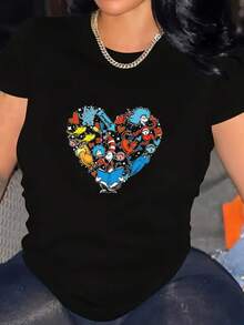 Camiseta gráfica de manga corta y cuello redondo de algodón negro de 180 g para mujer, estampado de corazón del gato en el sombrero de , camiseta informal de verano, camiseta moderna para amantes de los libros, tela suave y cómoda, perfecta para el uso diario, moda temática literaria elegante, regalo ideal para los fanáticos de Seuss - Negro - Ver 1